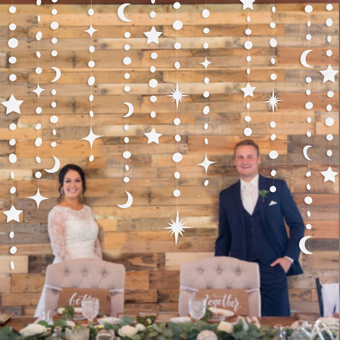 White Star Moon Circle Dot Garland Party Decoration Hanging Crescent Twinkle Little Star Streamer Bunting Banner for Wedding Engagement Anniversary Bridal Shower Kids Birthday Baby Shower Decor