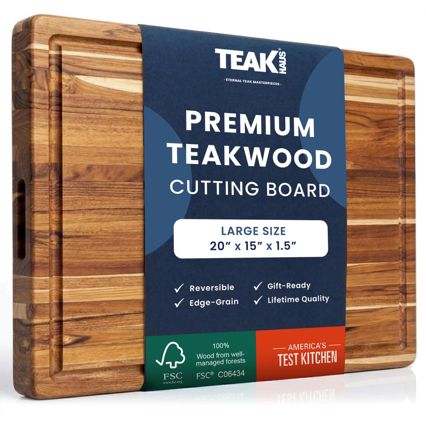 Teakhaus Carving Board with Juice Groove - Large (L) Teak Wood Cutting Board 20”L x 15”W x 1.5” Thick - Sustainably Harvested & FSC Certified - Knife Friendly with Beeswax Oil Finish