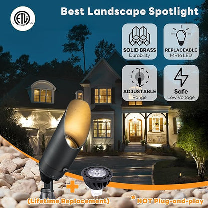 Gardenreet 12V Spot Lights Solid Brass - Outdoor Low Voltage Landscape Spotlight, Wired LED Uplights Waterproof, Stretchable Shroud Bronze for Patio Wall with 4000K Bright White MR16 Bulb (6 Pack)