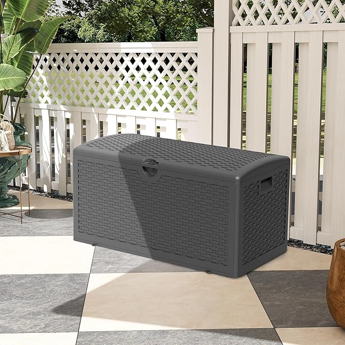 Upgrade 80 Gallon Waterproof Large Resin Deck Box Indoor/Outdoor Lockable Storage Container and Seating for Garden, Pool, and Patio (80 Pro Gallon, Black)