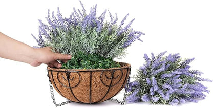 Artificial Hanging Flowers with Basket Fake Fall Lavender for Outdoor Decor, 12 Bundles Faux Purple Outside Decoration Realistic UV Resistant Plants for Porch Balcony Patio Garden Yard
