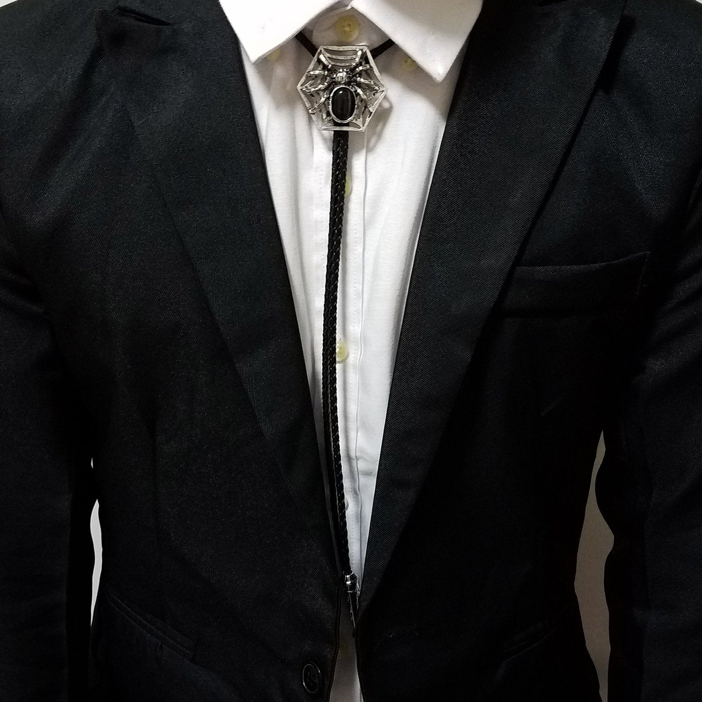 SELOVO Spider Bolo Tie Genuine Leather Antiqued Silver Tone Black Stone Halloween