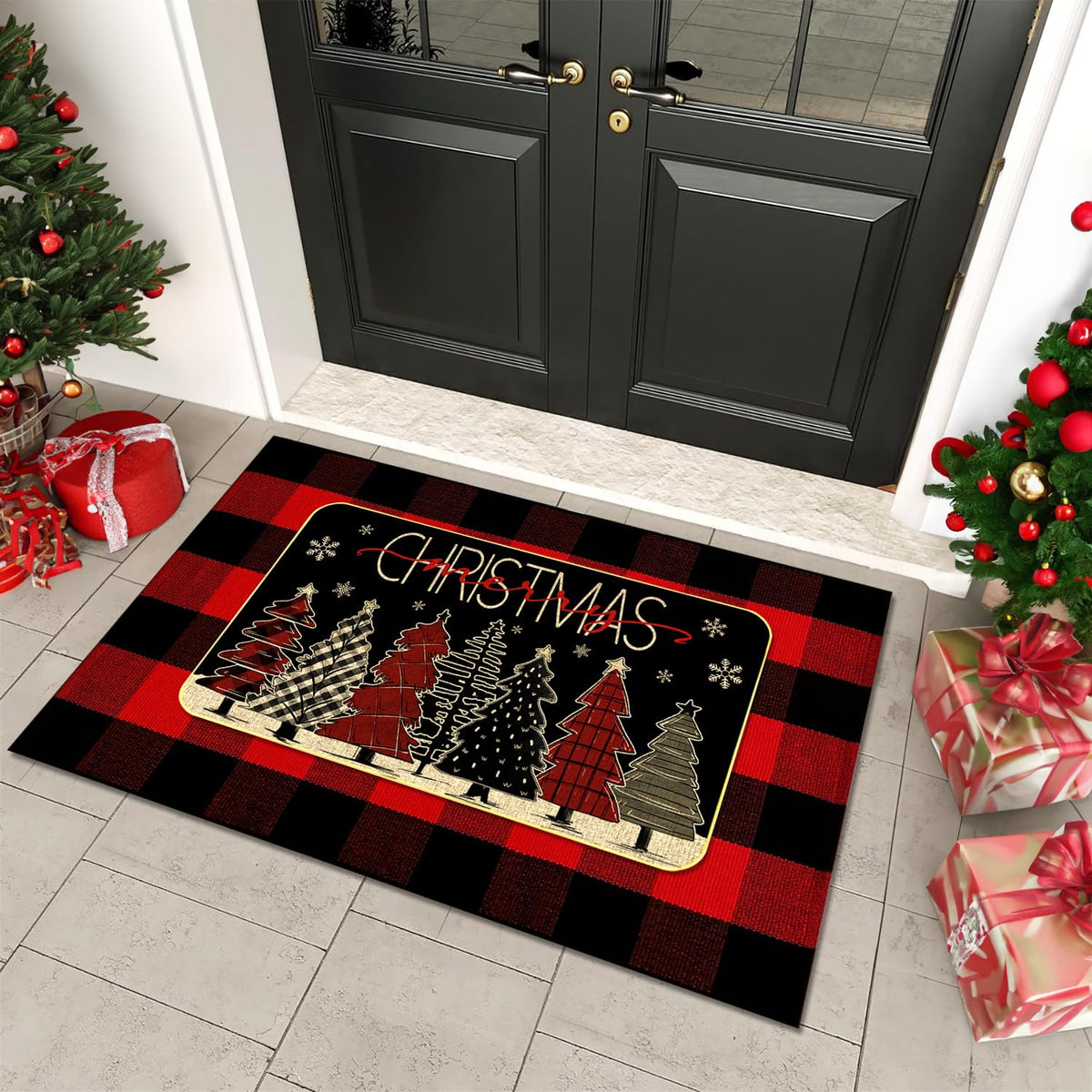 Christmas Outdoor Rug Set, Christmas Tree Door Mat Combo Set, Welcome Mat + 28 x 43 inch Red Black Buffalo Plaid Rugs, Checkered Christmas Trees Rug for Porch Entryway Winter Holiday Outdoor Decor