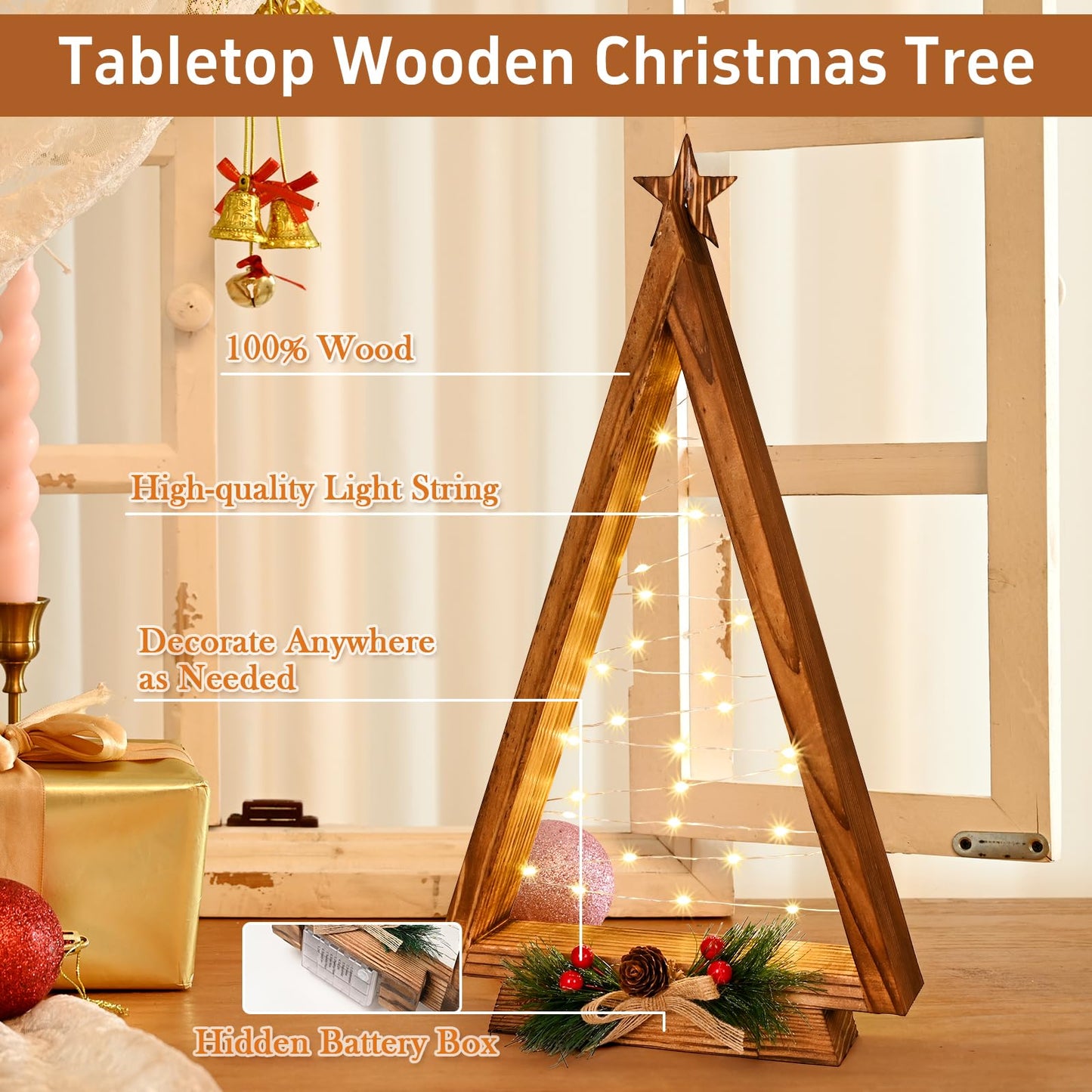 NatuBeau 2 Pcs Triangle Tabletop Wooden Christmas Tree with Lights, Modern Farmhouse Rustic Christmas Decor, Small Lighted Xmas Tree for Kitchen Mantle Shelf Living Room(14.2" Large / 11" Small)
