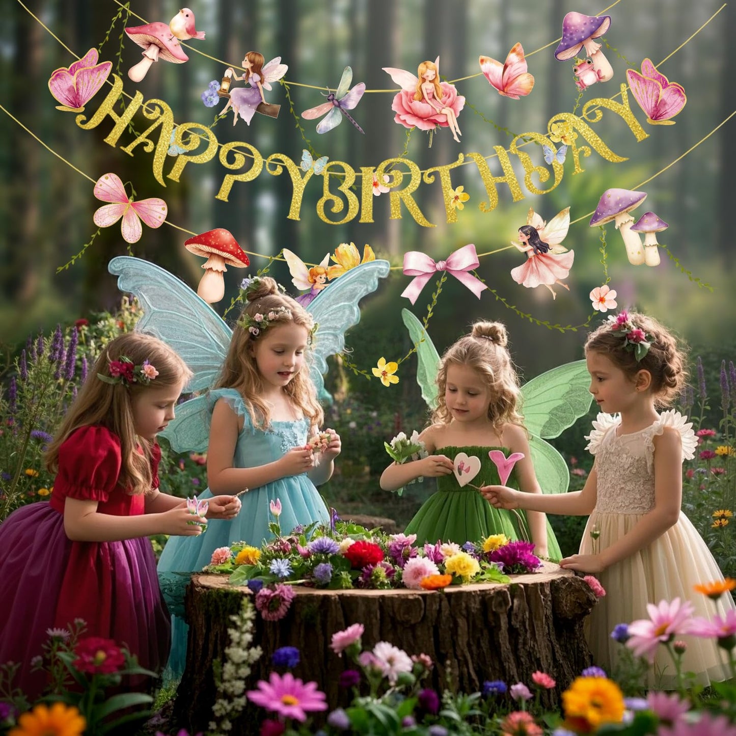 Paper Jazz Fairy Birthday Banner with Butterfly Fairy Party Decorations Mushroom Decor Fabric Vines Paper Garlands Decorations for Birthday,Garden Tea Party,Baby Shower.