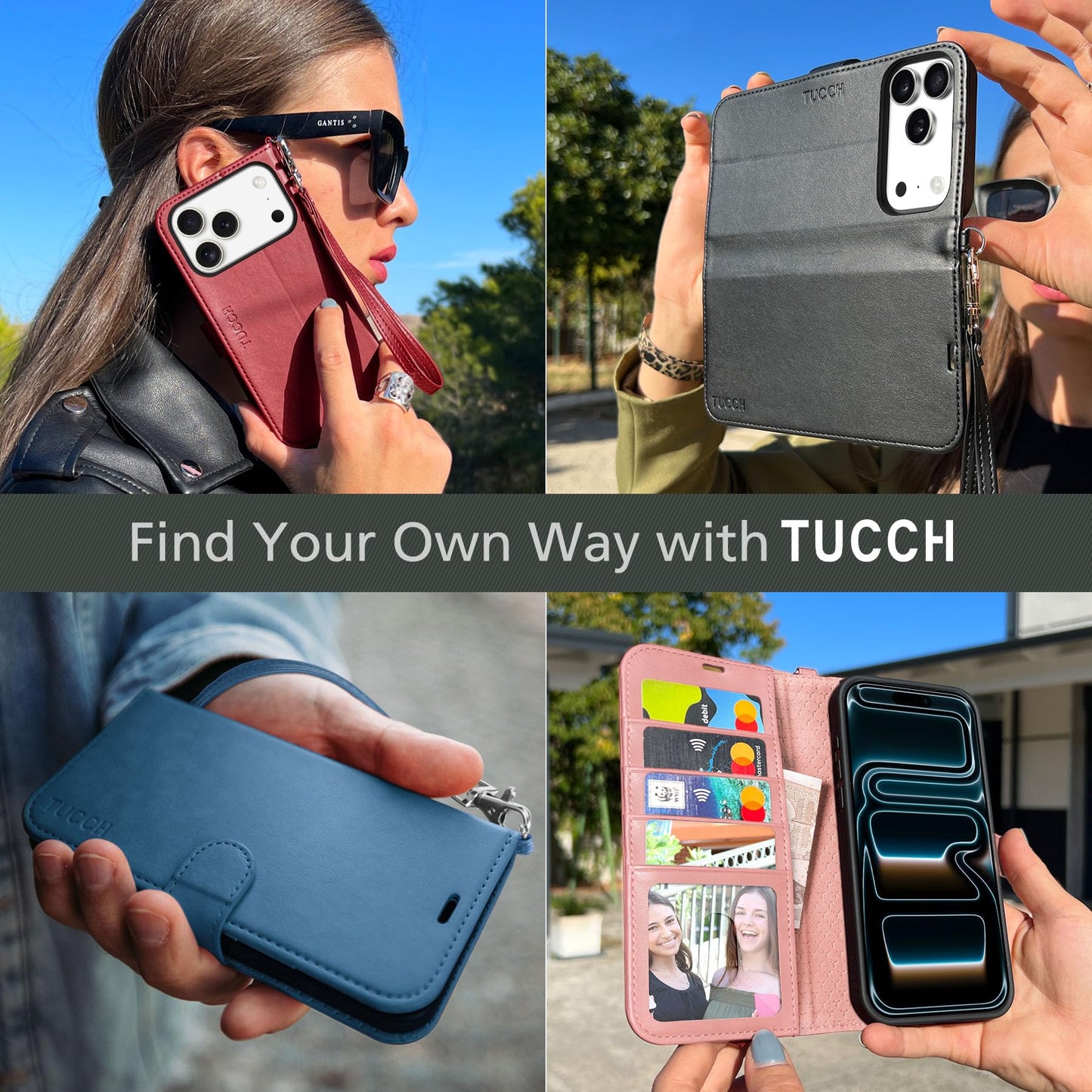 TUCCH Case Wallet for iPhone 17 Pro (6.3") 2025, Wrist Strap, Stand, RFID Blocking, 4 Card Holder, TPU Shockproof Shell, PU Leather, Magnetic Closure Folio Protective Cover, Deep Purple