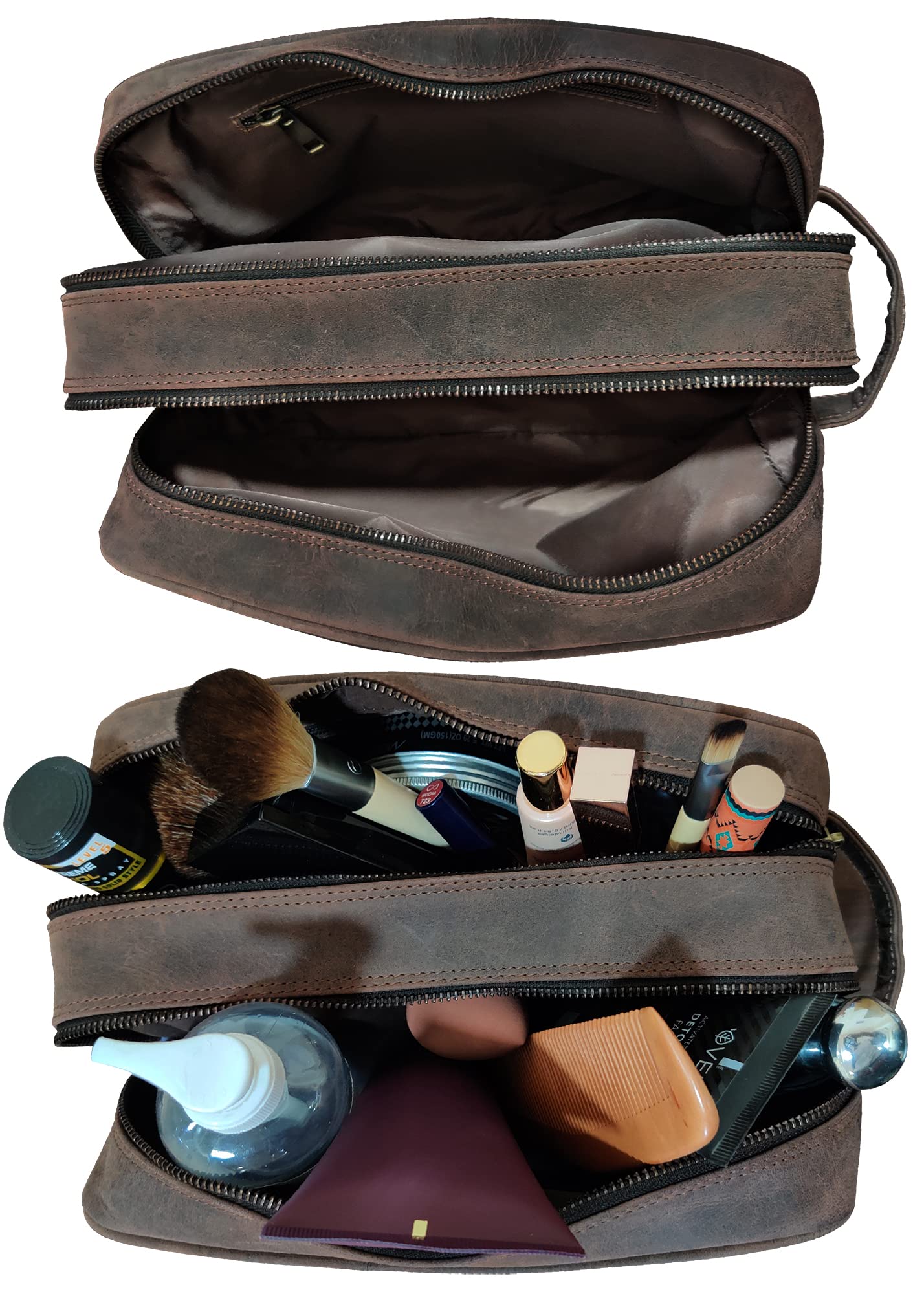 RUSTIC TOWN Full Grain Leather Travel Toiletry Bag - Cosmetic Ditty Kit Organizer (Dark Brown)