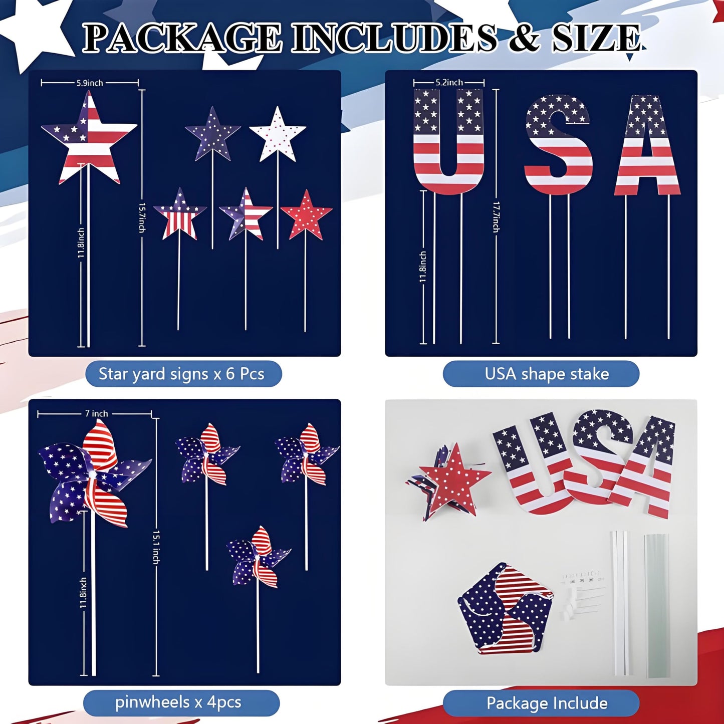 Nalanzhou 13Pcs 4th of July Outdoor Decoration Garden Stakes, 250th Patriotic Plastic USA Shape Yard Signs, Red White Blue Star Planter Stakes Pinwheels for Independence Day Memorial Day Anniversary