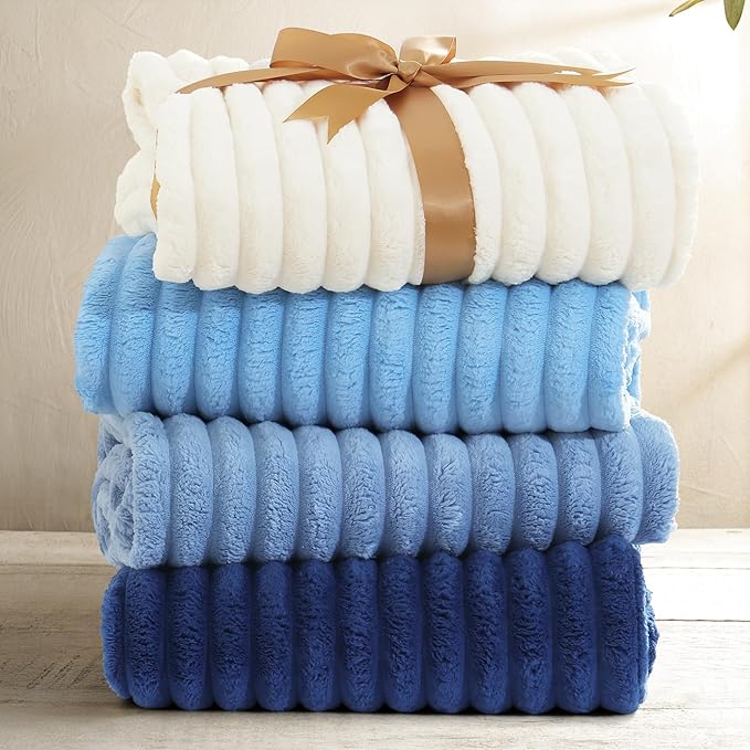 decorUhome Soft Fleece Navy Blue Blanket King Size for Bed, Cozy Fluffy Plush Flannel Large Striped Throws for Couch Sofa, Lightweight Decorative Fuzzy Blanket for Woman, 108x90 Inches