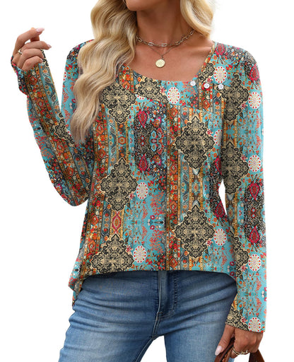 OFEEFAN Long Sleeve Shirts for Women Fall Clothes Asymmetric Square Neck Tunic Tops Decorative Buttons