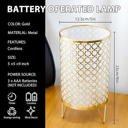 TRIROCKS Set of 2 Battery Operated Lamp 9'' High Cordless Table Lamp Battery Powered Lanterns with 6H Timer for Home Living Room Weddings Parties Patio Events Outdoors Indoors Shelf(Gold)