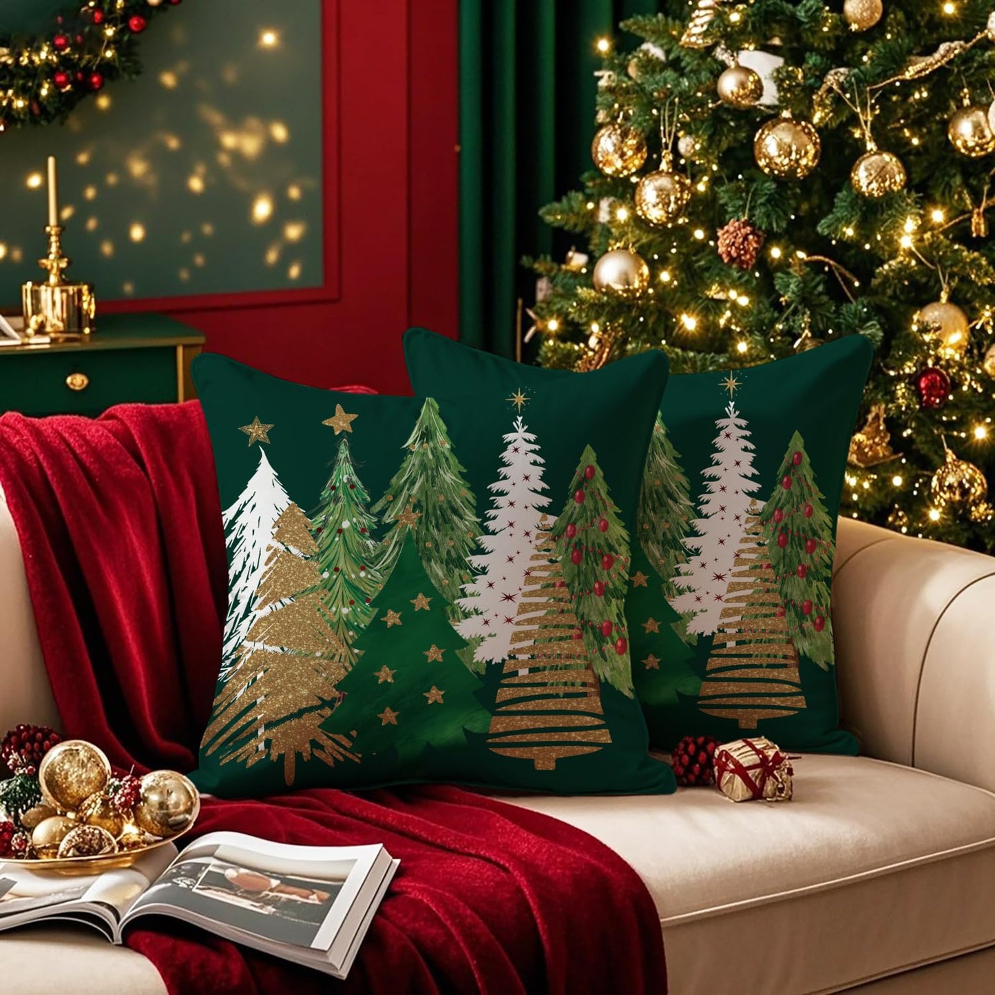 Artmag Christmas Tree Pillow Covers 24x24 Inch Set of 2, Decorative Farmhouse Green Pillow Shams Cases Slipcovers for Home Couch Sofa Decorations