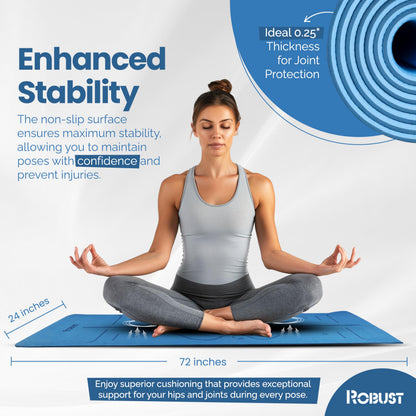 Robust Non-Slip Yoga Mat with Strap, 1/4" Thick TPE Eco-Friendly Workout Mat for Yoga with Position Lines and Texture Surface, Gym Mat for Women, Men, Pilates and Exercises Anti-Tear Sweat-Proof Exercise Mat