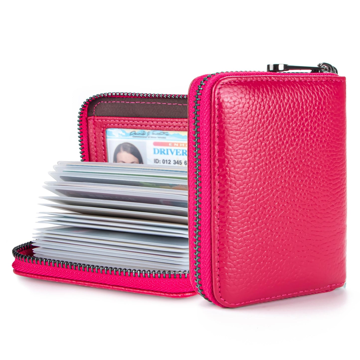Suweibuke Genuine Leather Credit Card Holder Zipper Wallet RFID Blocking Secure Card Case ID Case Organizer (Rose Red)