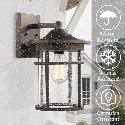 Bestshared Outdoor Wall Mount Light Fixture, Large Exterior Porch Wall Lantern, Outdoor Wall Light with Seeded Glass Shade (Oil Rubbed Bronze, 14" Height)