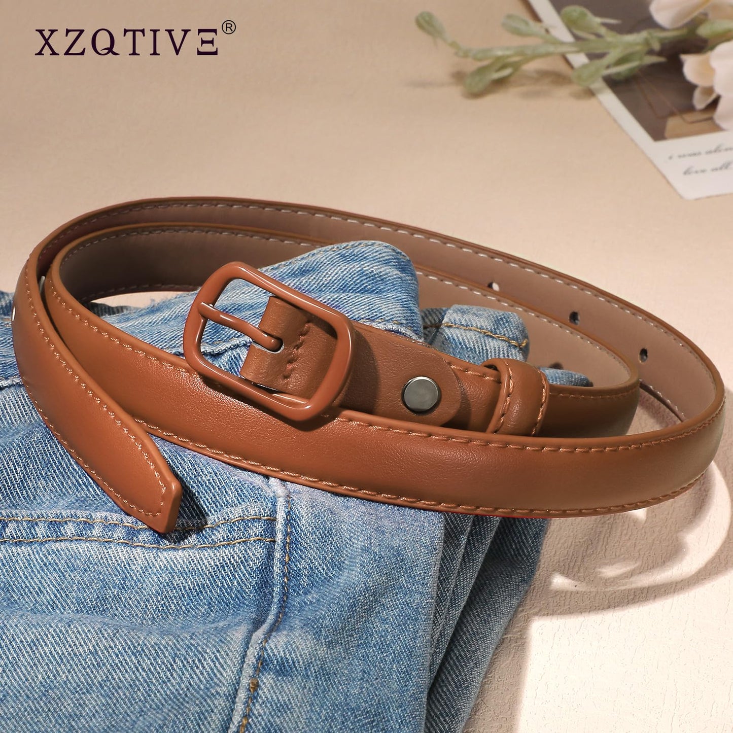 XZQTIVE Women’s Skinny Candy Color Belt – Color-Matched Leather Thin Waist Belt 0.7" for Jeans Dresses Pants