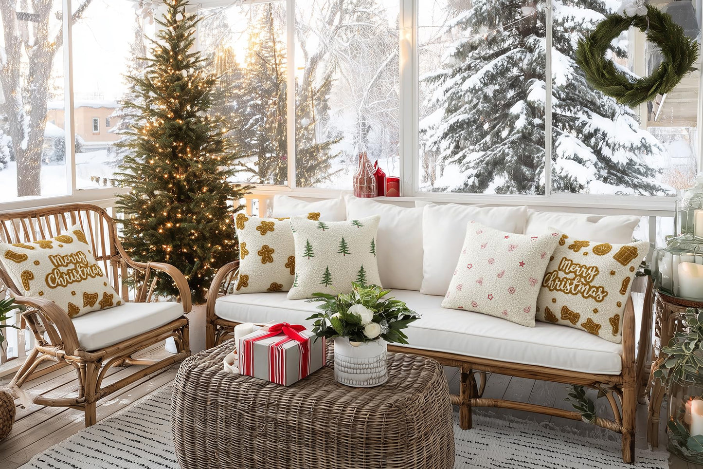 SINYASAN Christmas Pillow Cover 18x18 Inch 1 Pack White Boucle Gingerbread Shaped Cushion Cover, Fluffy Textured Decorative Throw Pillow Case for Couch Sofa Bed Living Room Porch Winter Home Décor