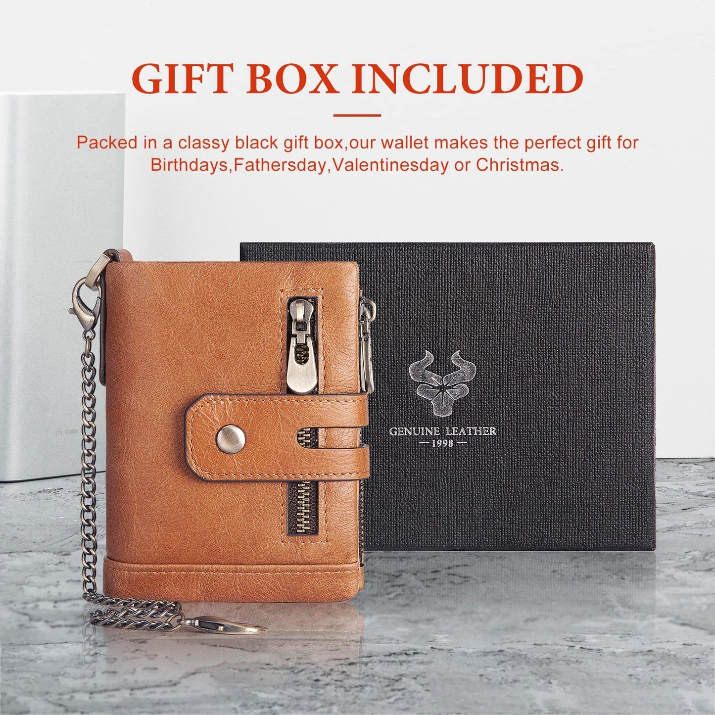 gzcz Mens Wallet with Chain RFID Blocking Genuine Leather Bifold Purse for Men ID Window and Zip Coin Pocket (Brown)