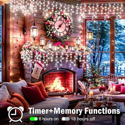 XURISEN 66ft Christmas Lights Decorations Outdoor, 640 LED 8 Modes Curtain Fairy Lights with 120 Drops,Plug in Waterproof Timer Memory Function for Christmas Holiday Wedding Party Decor(Cool White)