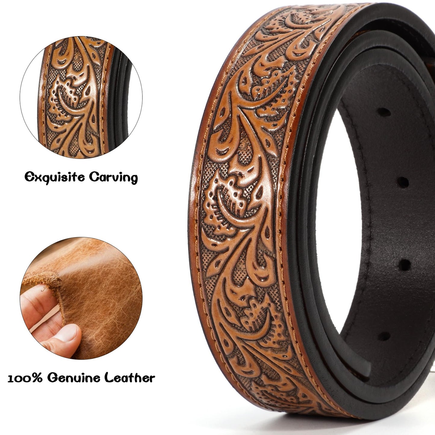 XZQTIVE Genuine Leather Belts for Boys Girls Vintage Kids Western Cowboy Cowgirl Belts Engraved Tooled Leather Belts,coffee