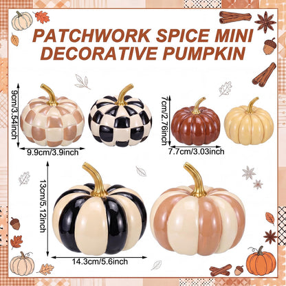 Pinkunn 6 Pcs Halloween Black and White Pumpkins Fall Decor White and Brown Yellow Checkered Striped Resin Pumpkin Decoration for Thanksgiving Autumn Farmhouse Porch Decorations Table Centerpieces