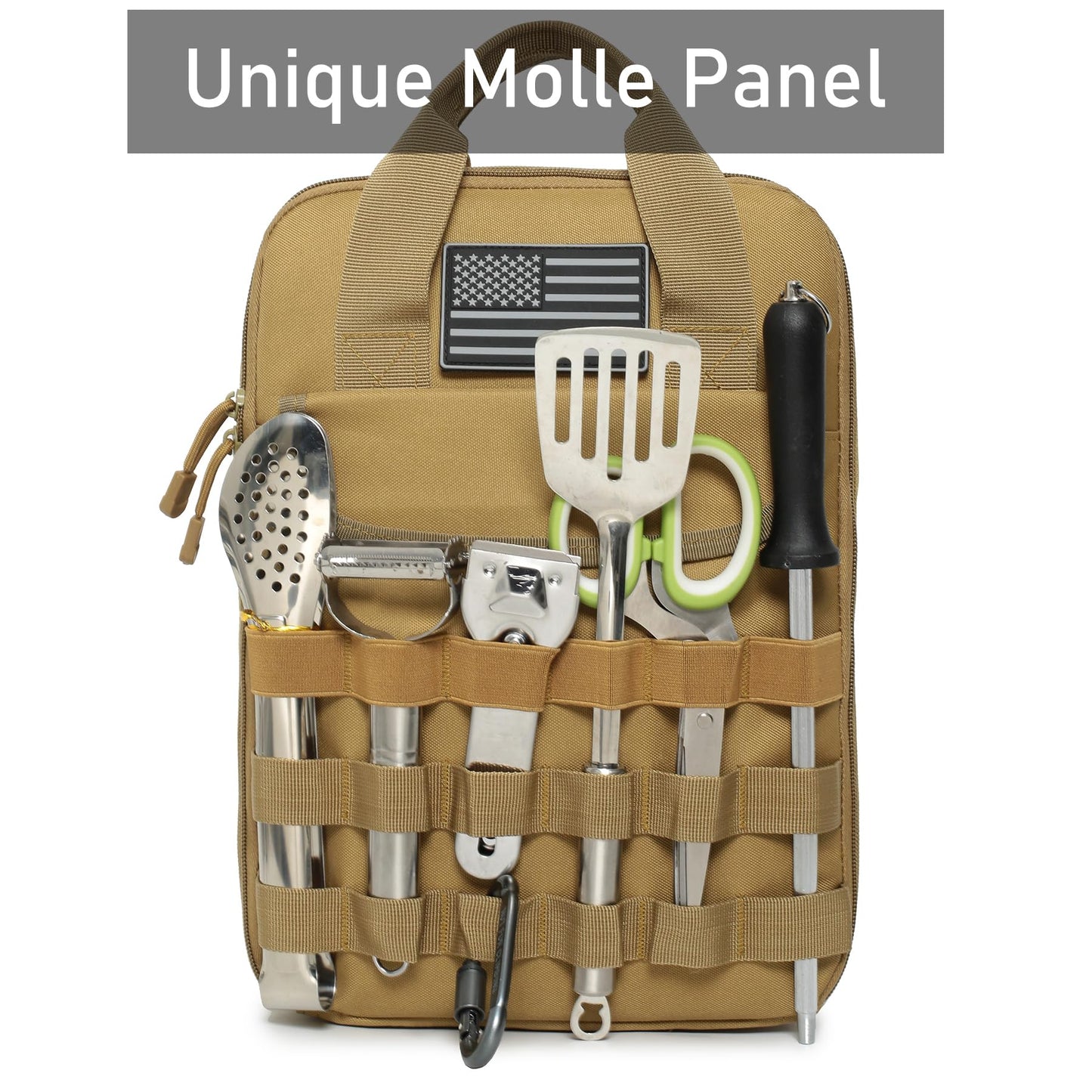 Lemubeane Tactical Camp Kitchen Organizer Camping Cooking Utensils Bag for BBQ, Picnic, Travel & Hiking (Khaki)