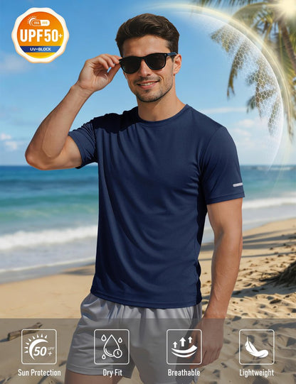 MAGCOMSEN Gym Shirts Mens Workout Dry Fit Sun Protection Runing Athletic Short Sleeve Shirt Moisture Wicking Rash Guard UV T Shirt Navy L