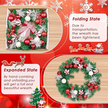 Christmas Wreaths for Front Door Outside Decor, 20" Peppermint Candy Ball Ornaments Pine Branches Winter Artificial Wreath Decorations with Bow Hanging Sign for Xmas Home Door Wall Window Fireplace