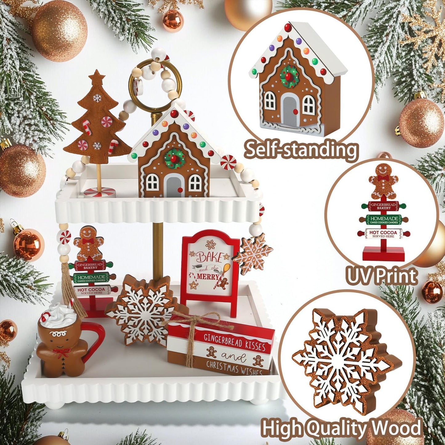 Gingerbread Christmas Decorations 8 PCS Tiered Tray Decor Set, Cute Tabletop Christmas Decor for Home Shelf Mantel Coffee Bar Office Xmas Table Centerpieces Tray Objects Holiday Baking