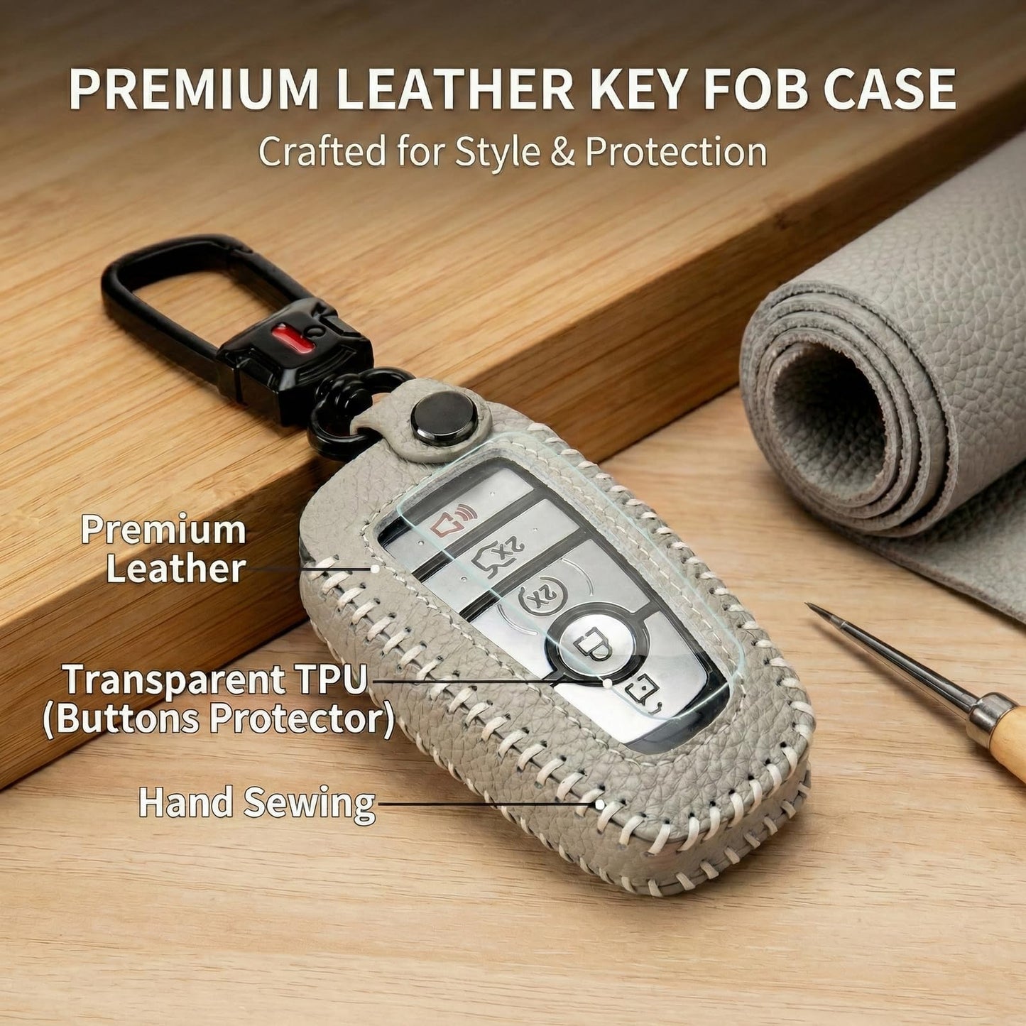 YONUFI for Ford Key Fob Cover Leather Key Case Holder with Keychain for 2017-2026 Bronco F150 Explorer Mustang F250 Edge Escape Expedition Full Protector (Gray)