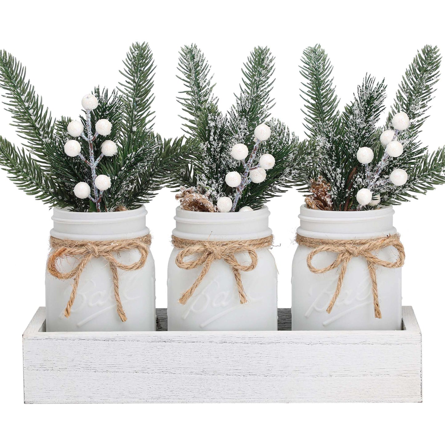 SUPREME LIGHTS ·2017· Christmas Mason Jars, Winter White Mason Jars, Christmas Centerpieces for Home Table Decor, Wood Tray & 3 Decorative Jars, Winter Farmhouse Dining Table Centerpieces Decoration