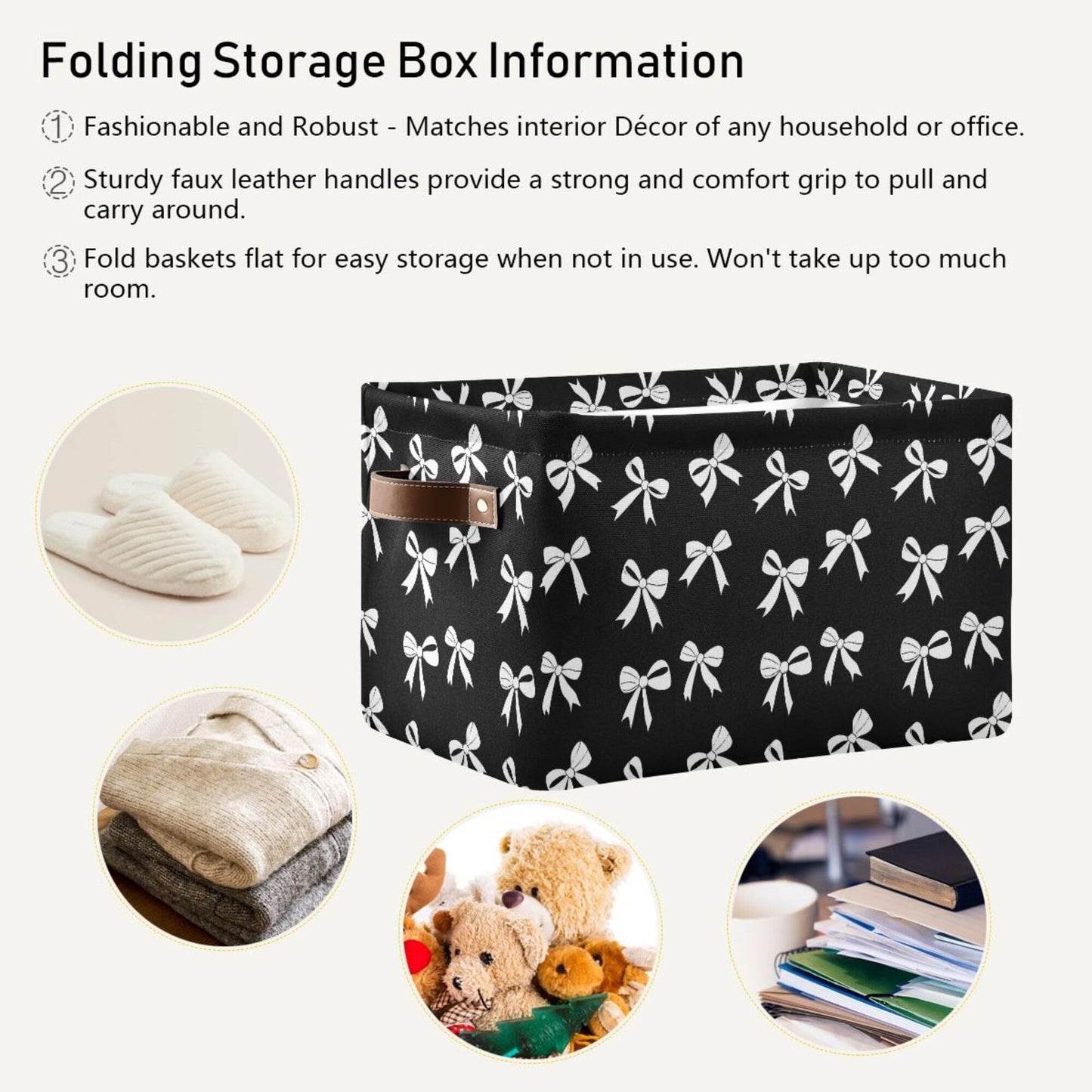 Wamika Black White Bow Storage Basket with Waterproof Liner and PU Handles Coquette Bowknot Storage Bins Boxes 14.2" Collapsible Decorative Organizer Baskets for Bedroom Closet Office 1 Pack