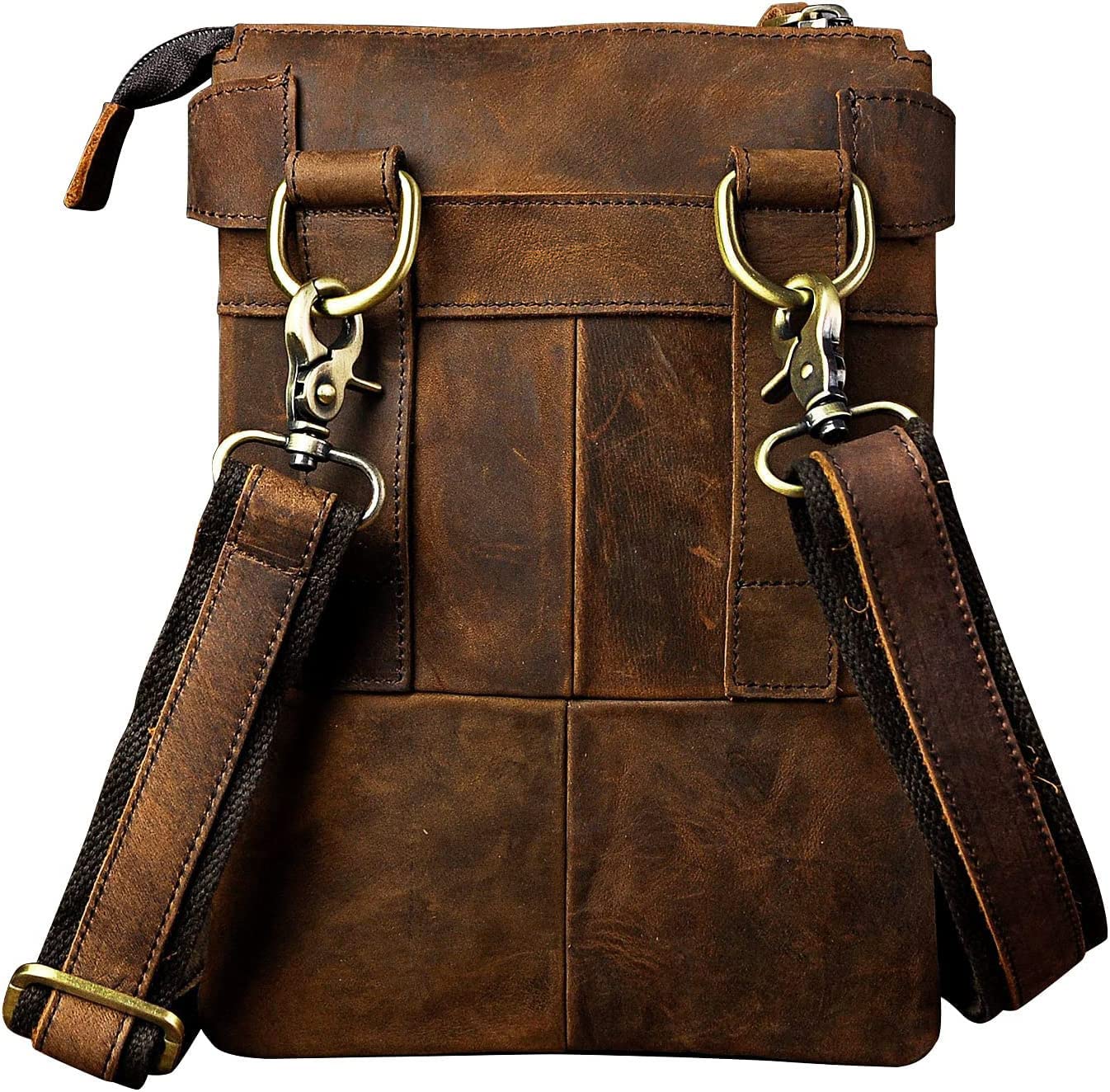Le'aokuu Mens Genuine Leather Small Messenger Shoulder Satchel Waist Bag Pack 8711 (8711 A-Dark Brown)