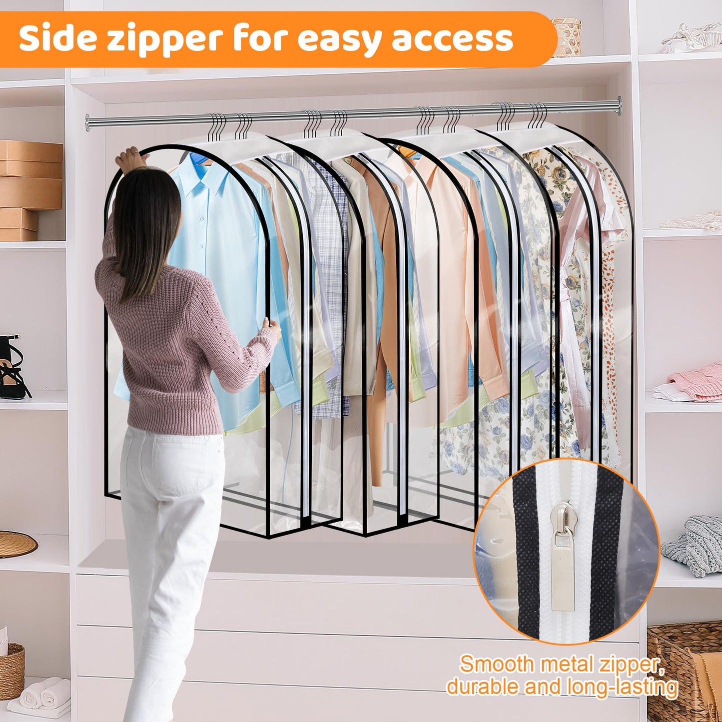 4 Pack Full Clear Garment Bags with Side Zipper, 40" Clothes Covers with 10" Gusset, Transparent Hanging Suit & Coat Covers for Closet Storage, Jackets, Dresses, Windbreakers