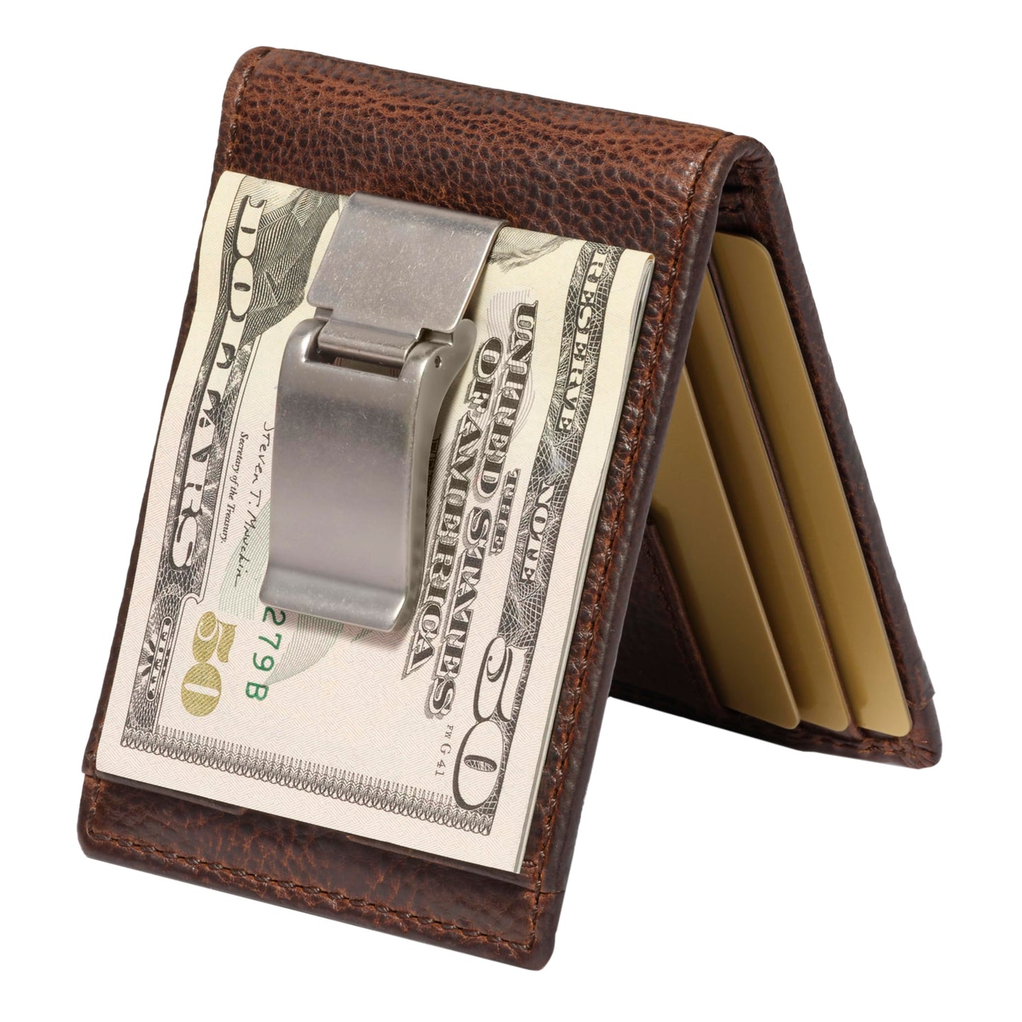 House of Jack Co. Deacon Bifold Money Clip Wallet for Men – Slim Front Pocket Leather Wallet with Metal Cash Clip, Exterior ID Window & Card Holder, Full-Grain Cowhide, Brown