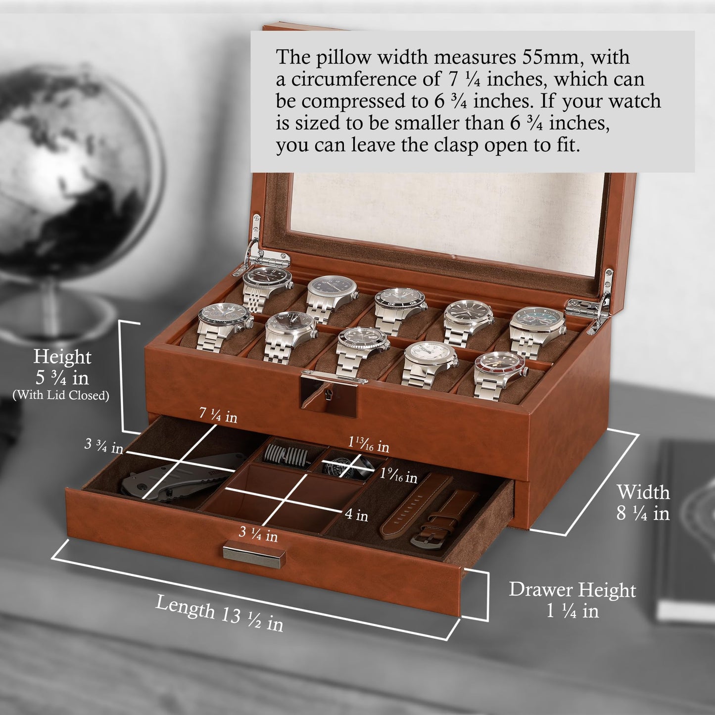 ROTHWELL 10-Slot Watch Box in Leather with Valet Drawer, Luxury Watch Case Display Organizer with Ultra Soft Microsuede Liner, Jewelry and Sunglass Holder With Large Glass top (Tan/Brown)