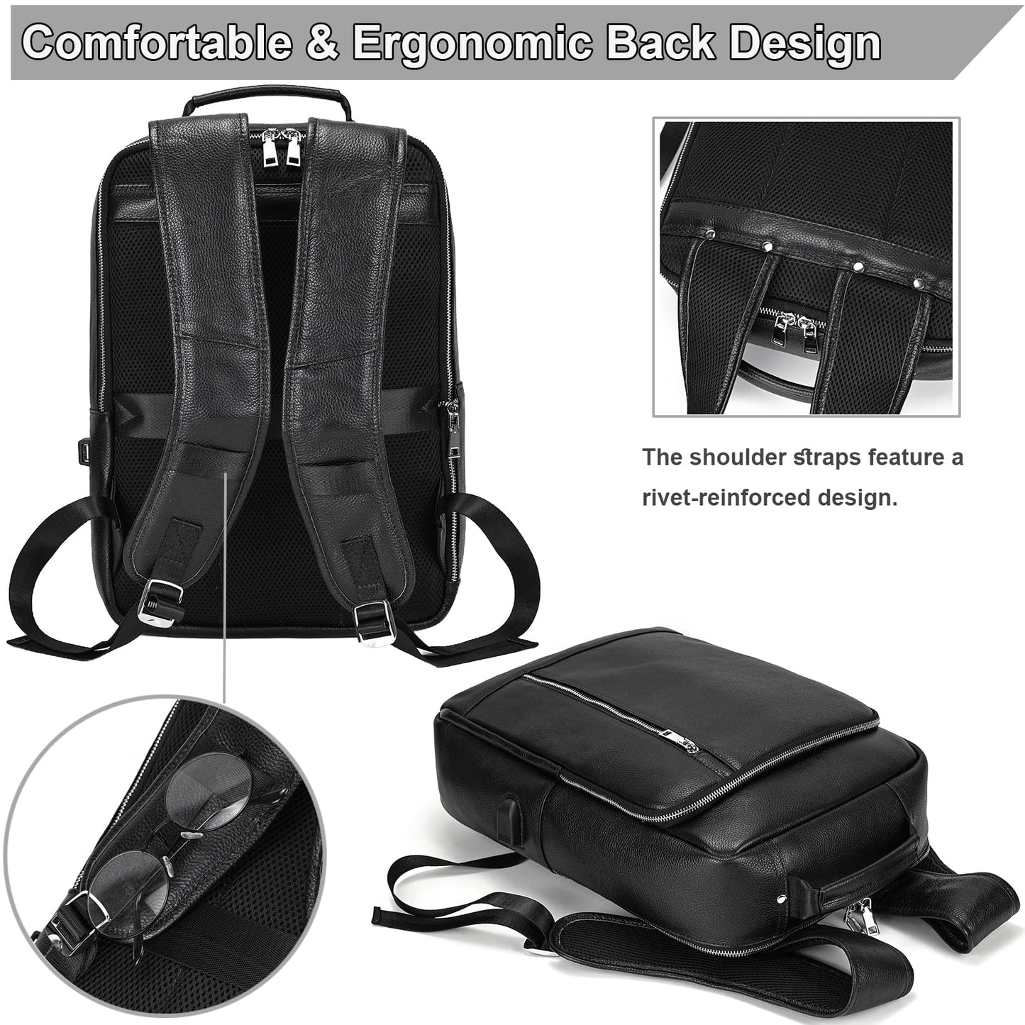 Yevabo Genuine Leather 15.6 Inch Laptop Backpack for Men, Multi Pocket Slim Daypack Shoulder Bag with Trolley Sleeve for Business Travel (Black)