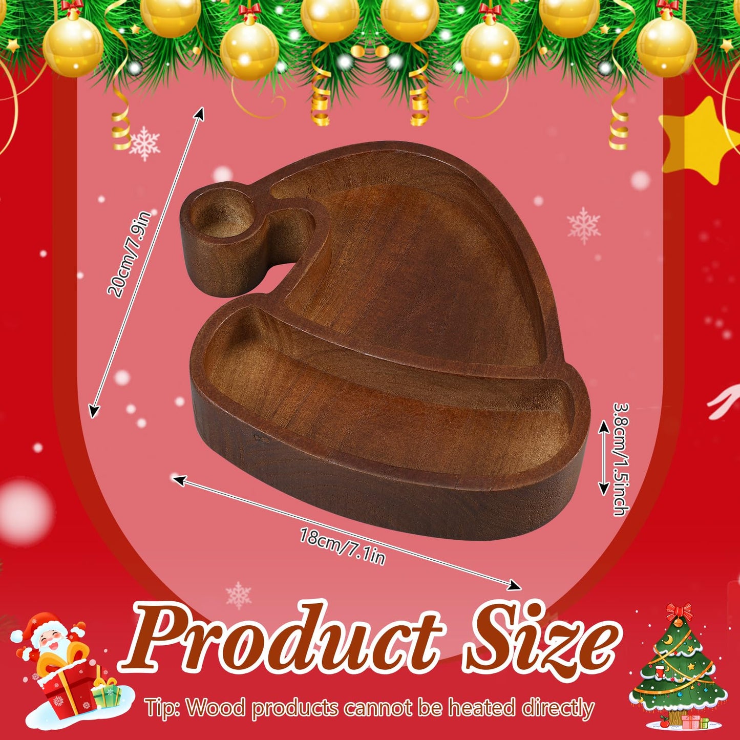 Jingmore 4 Pcs Christmas Wooden Bowl Santa Hat Tray Dough Charcuterie Board Rustic Xmas Sushi Plate Hand Carved Wood Bowl Paulownia Bowls for DIY Decoration Dining Home
