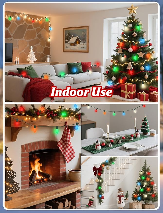 C7 LED Christmas Lights Outdoor,25FT Multicolor C7 Christmas Lights Indoor with 27 0.6w Bulb Fit E12 Base,Xmas Light Outdoor for House, Yard, Garden, Christmas Tree Decoration, Green Wire