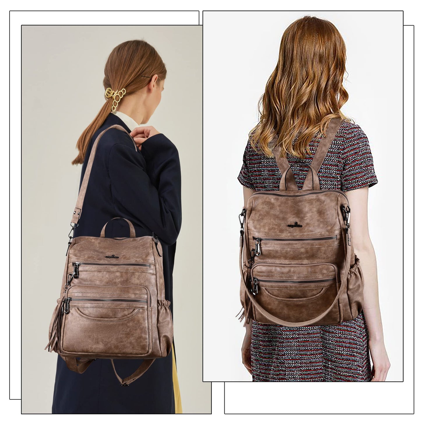 Angel Kiss Backpack Purse Women PU Leather ladies fashion shoulder bag Casual Tassel Zipper Backpacks(Taupe)