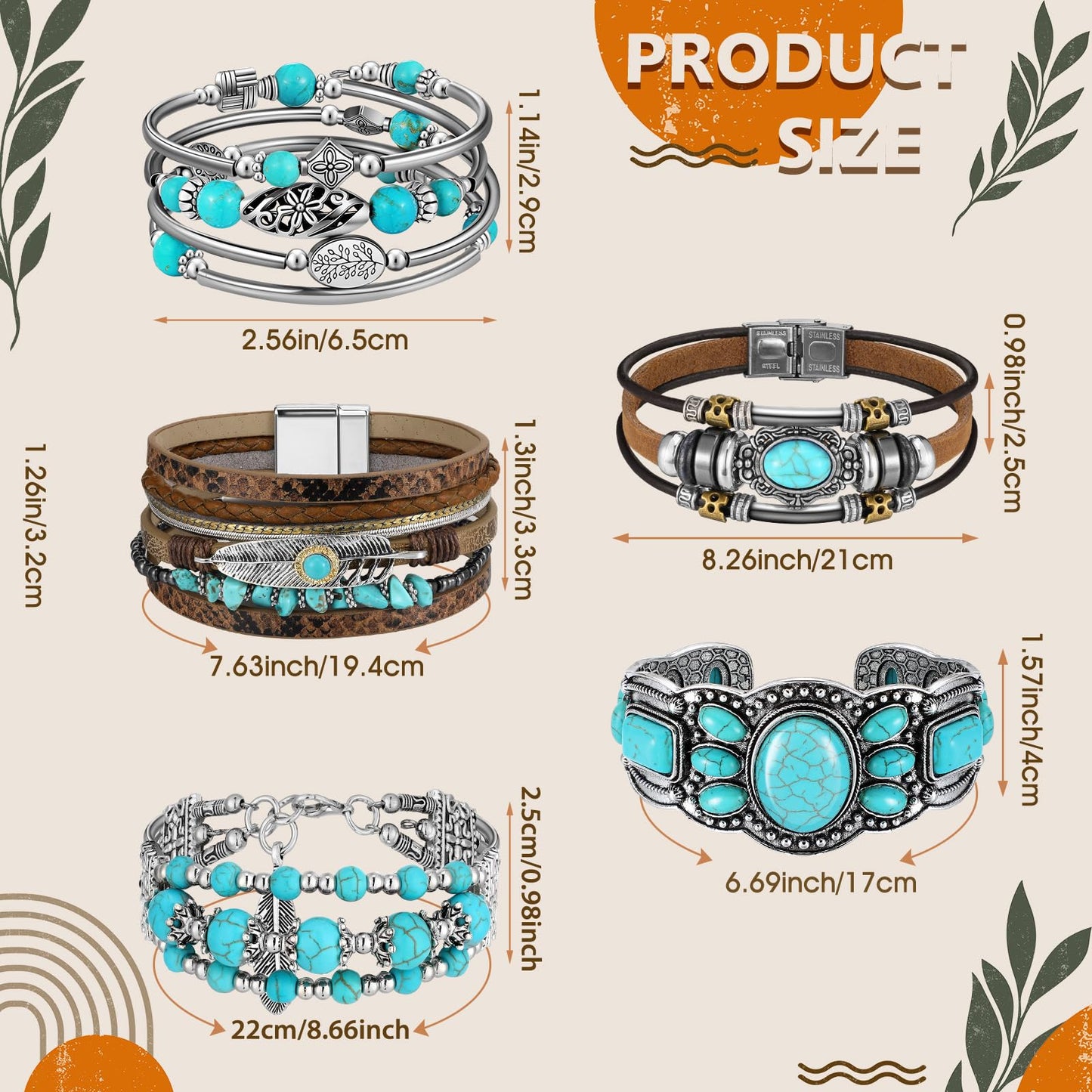 Sasylvia 6 Pcs Turquoise Bracelet for Women Leather Bracelet Western Jewelry for Women Multilayer Boho Cuff Bangle Set(Retro)