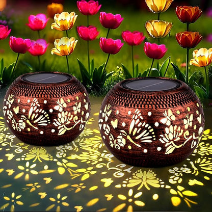 Butterfly Solar Lantern Outdoor Patio Decor, 2 Pack Retro Metal Waterproof Garden Decor Solar Table Light, Birthday Gifts for Women Mom Grandma ,Yard Porch Garden Balcony Decorations