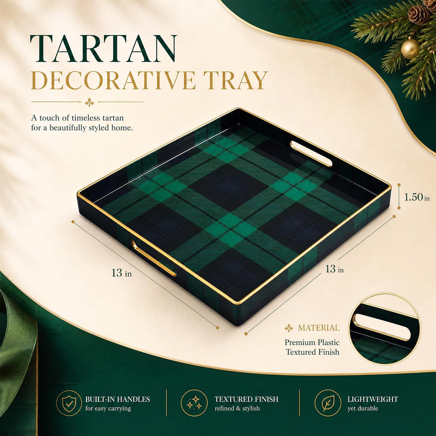 Nuanchu Tartan Tray Decorative Square Serving Tray with Handles for Coffee Table 13" x 13" Green Plastic Retro Decoration for Bar Living Room Bathroom Home Christmas