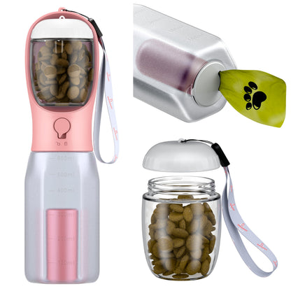Innoshopp Dog Water Bottle - Portable Pet Water Bottle with Food Container & Poop Bag Dispenser - Lightweight, Leak Proof & BPA Free Dogs Drinking Bottle for Walking, Hiking & Travel (Pink)