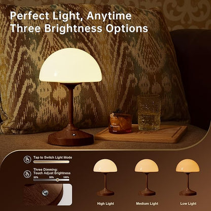 Mushroom Lamp Cordless Lamp Table Lamp,Outdoor Waterproof Shower Lamps,5000mAh Rechargeble Battery Operated Dimmable Touch Desk Lamps,LED Night Light for Bathroom Patio Camping Outdoor/Walnut