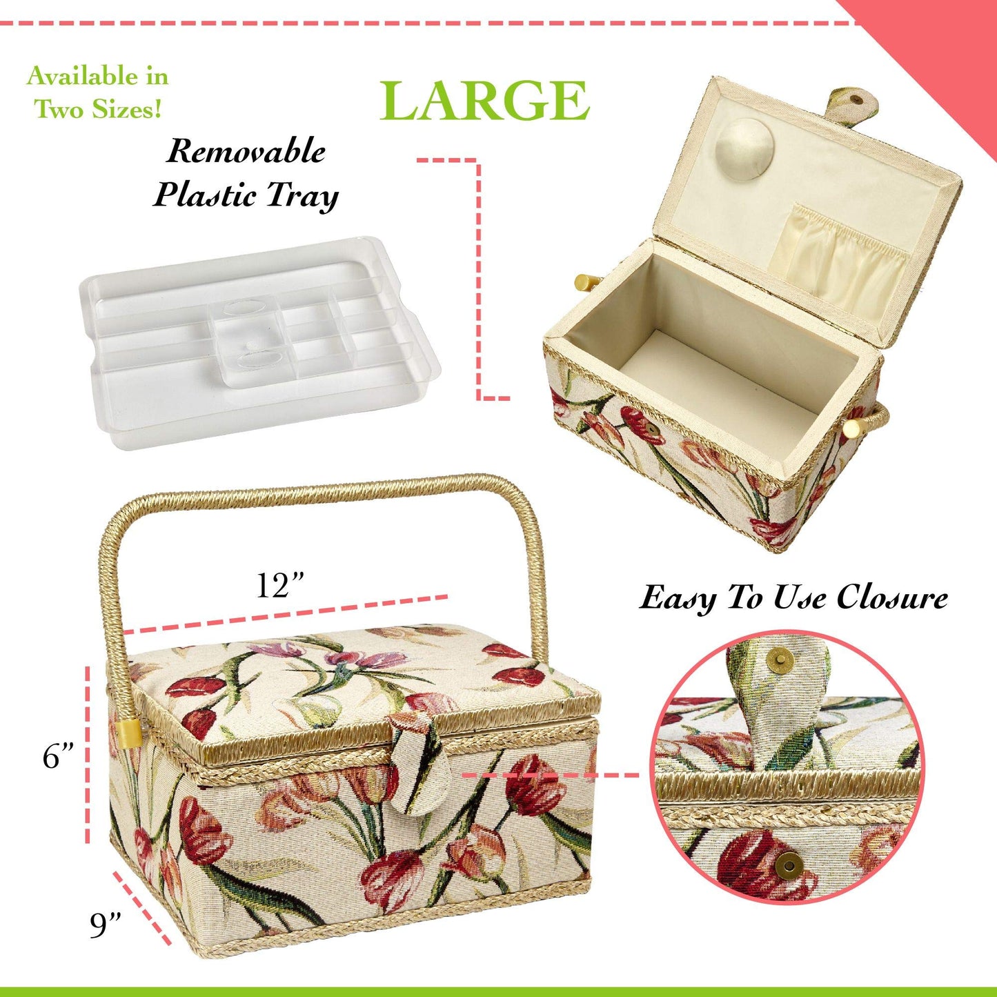 Sewing Basket with Tulip Floral Print Design- Sewing Kit Storage Box with Removable Tray, Built-In Pin Cushion and Interior Pocket - Large - 12" x 9" x 6" - by Adolfo Design