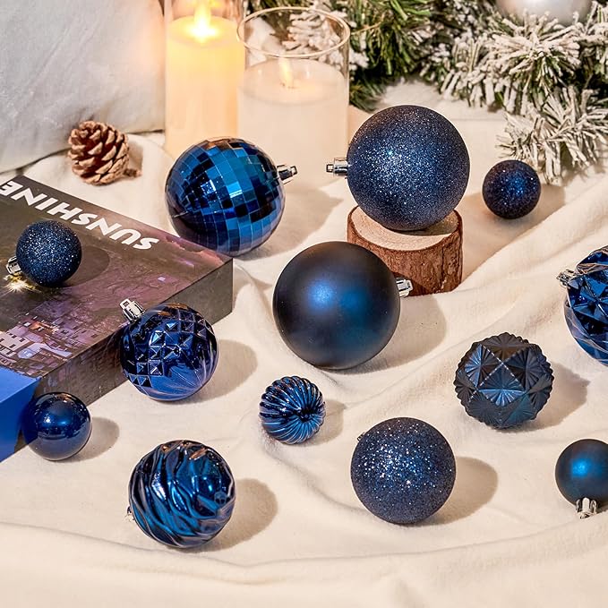 JORNOY Christmas Tree Ornaments Set, 47 Pack Assorted Shatterproof Hanging Balls Decorations, Plastic Bulbs Bulk with Lanyard for Home Holiday Party Decor, 3-Sizes (Navy Blue)