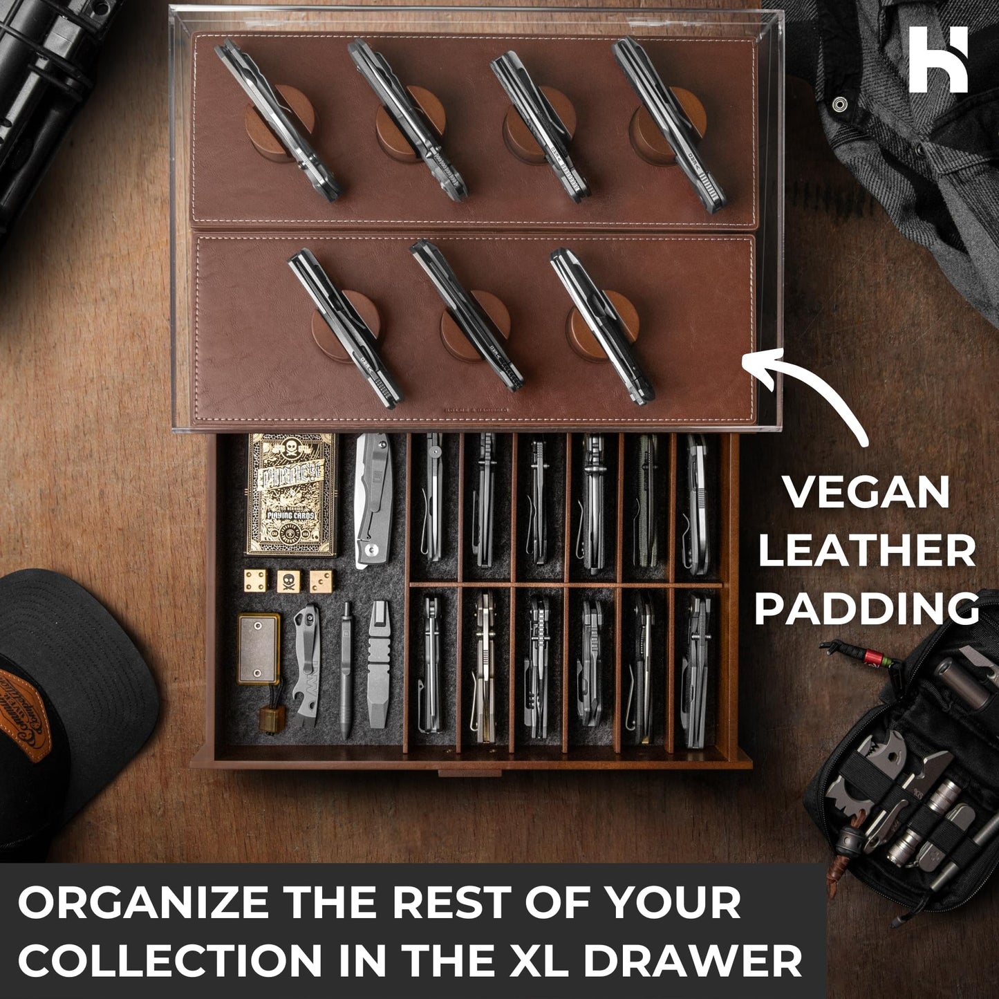 Premium Pocket Knife Display Case for 30 Knives - Large Wooden Knife Organizer, Storage & Holder with Unique Pillars, Hinged Cover, Drawer - Knife Collection Box - Handcrafted Father's Day Present