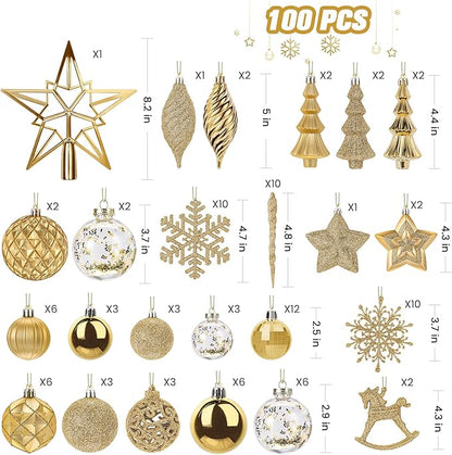 SHareconn 100pcs Christmas Tree Decorations Ornaments Set, Shatterproof Plastic Baubles Decorative Balls for Xmas Tree Decor Holiday Wedding Party, Gold