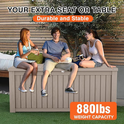 180 Gallon Waterproof Large Resin Deck Box Indoor/Outdoor Lockable Storage Container and Seating for Garden, Pool, and Patio (180 Gallon, Grey)